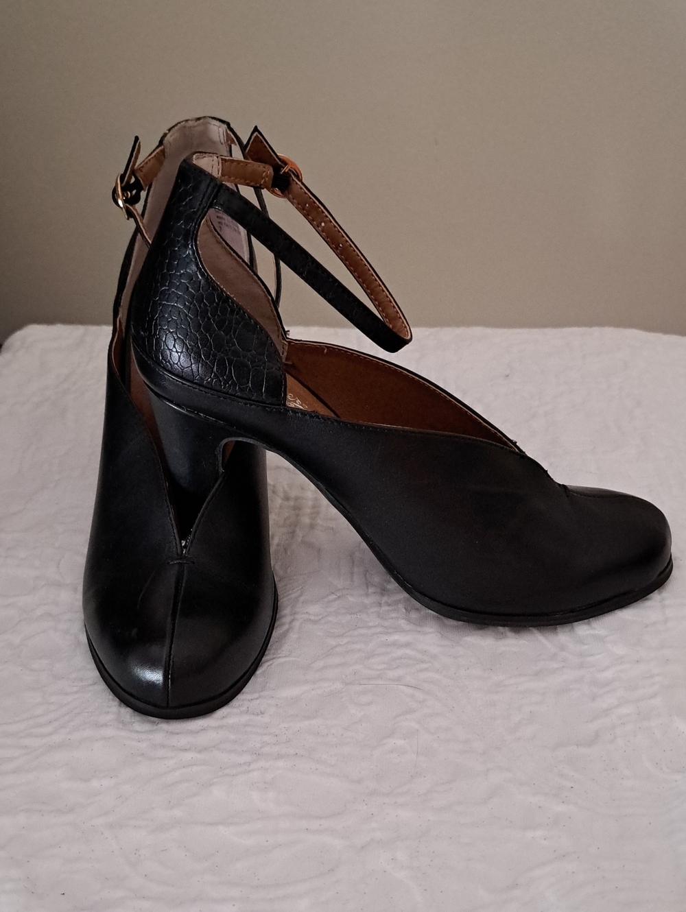 Seychelles Black Ankle-Strap Heels with Brown Accents